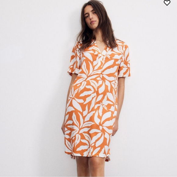 NEW H&M VISCOSE TUNIC SHORT SLEEVE DRESS WOMEN SZ XS IN ORANGE PATTERN Relaxed - Picture 2 of 11